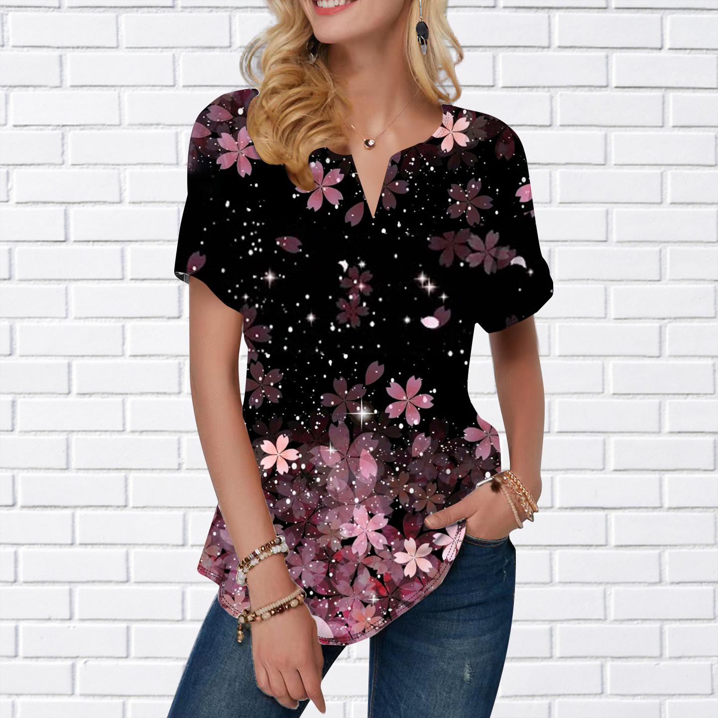 

Женская летняя футболка с фрагментированными цветами и принтом, футболки с короткими рукавами, повседневные топы с принтом, маленький v-образный вырез с короткими рукавами 8XL розовый