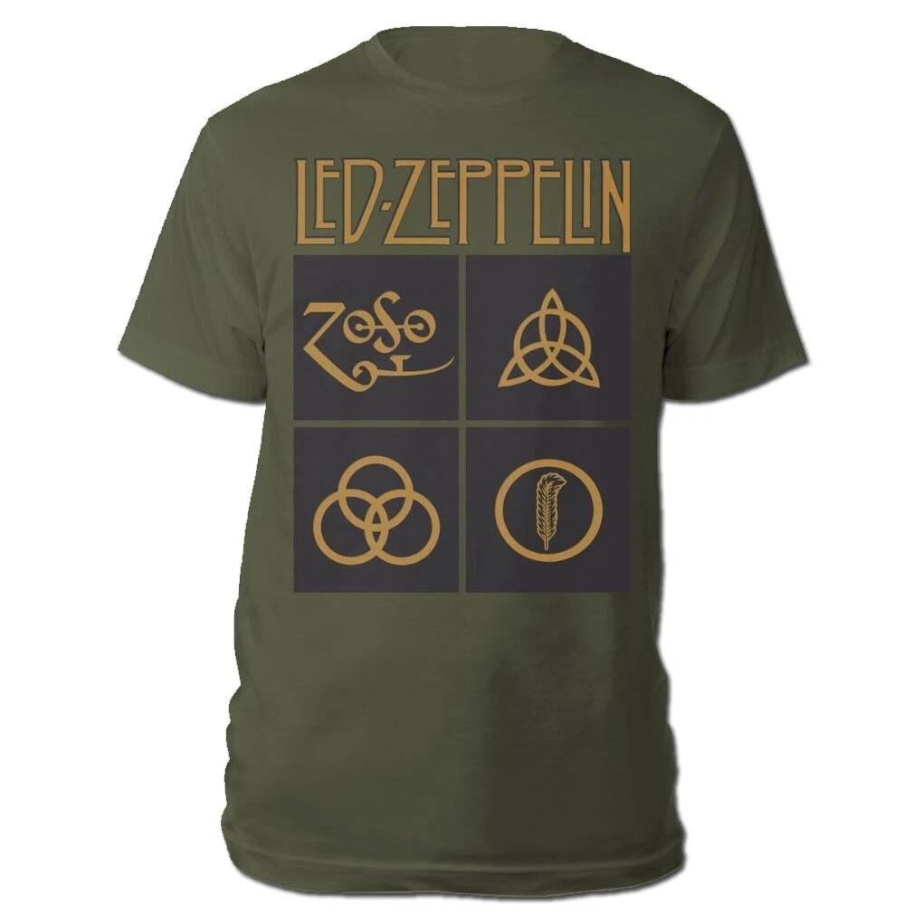 

Official Led Zeppelin T Shirt Gold Symbols Green Classic Rock Metal Band Tee New L