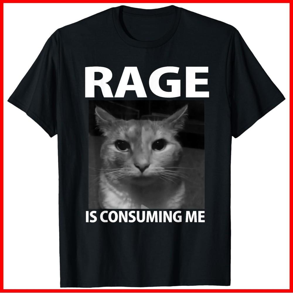 Rage is Consuming Me Silly Staring Cat Meme Black Cotton T-Shirt Unisex T-Shirt L