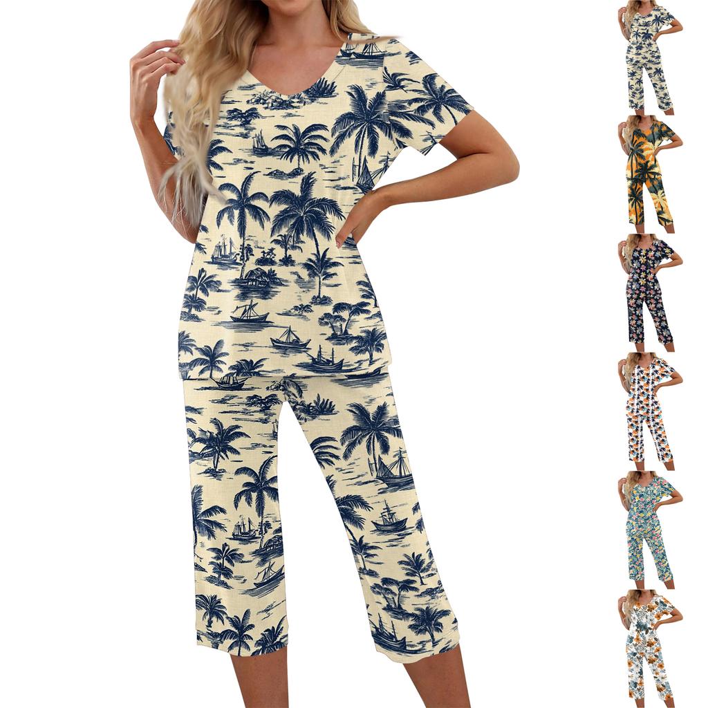 2 Piece Sets For Women Short Sleeve Top And Pants With Pockets Workout Soft Print Sets