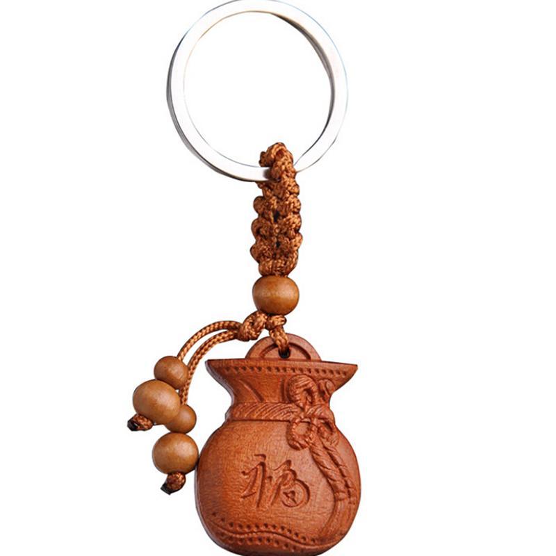Lucky Jewelry Wood Carving Buckle Buddha Pendant Keychain Car Bag Keyring