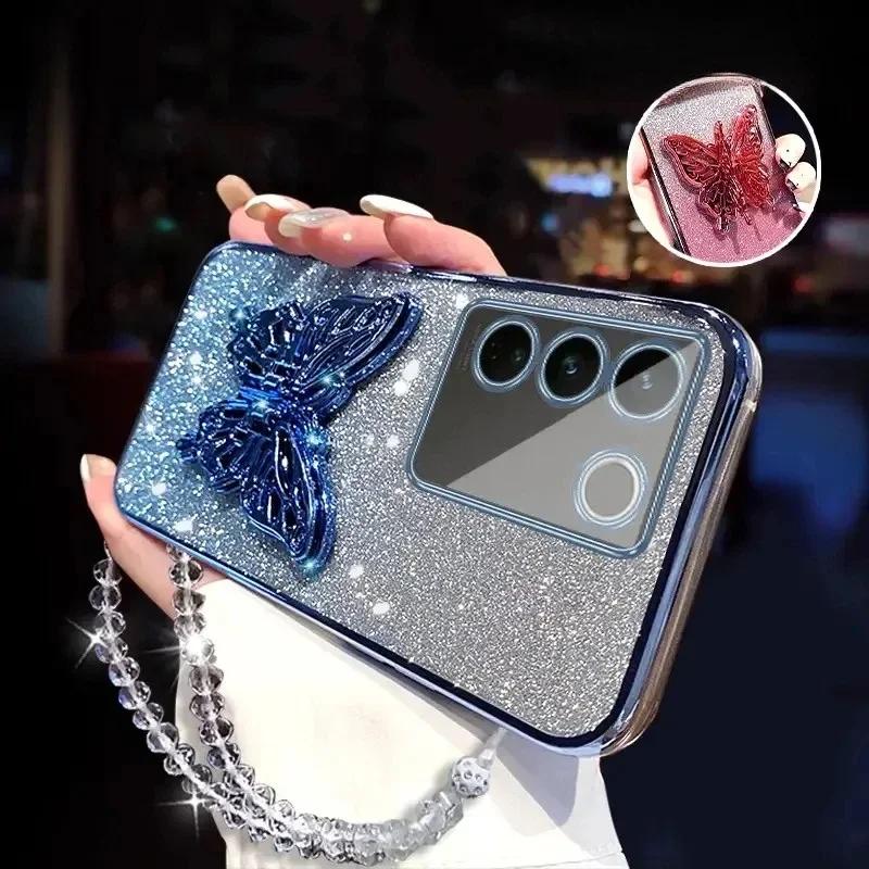 3D Butterfly Phone Holder Crystal Bracelet Glitter Plating Case for Samsung Galaxy A16 A06 5G Bling Soft Back Cover
