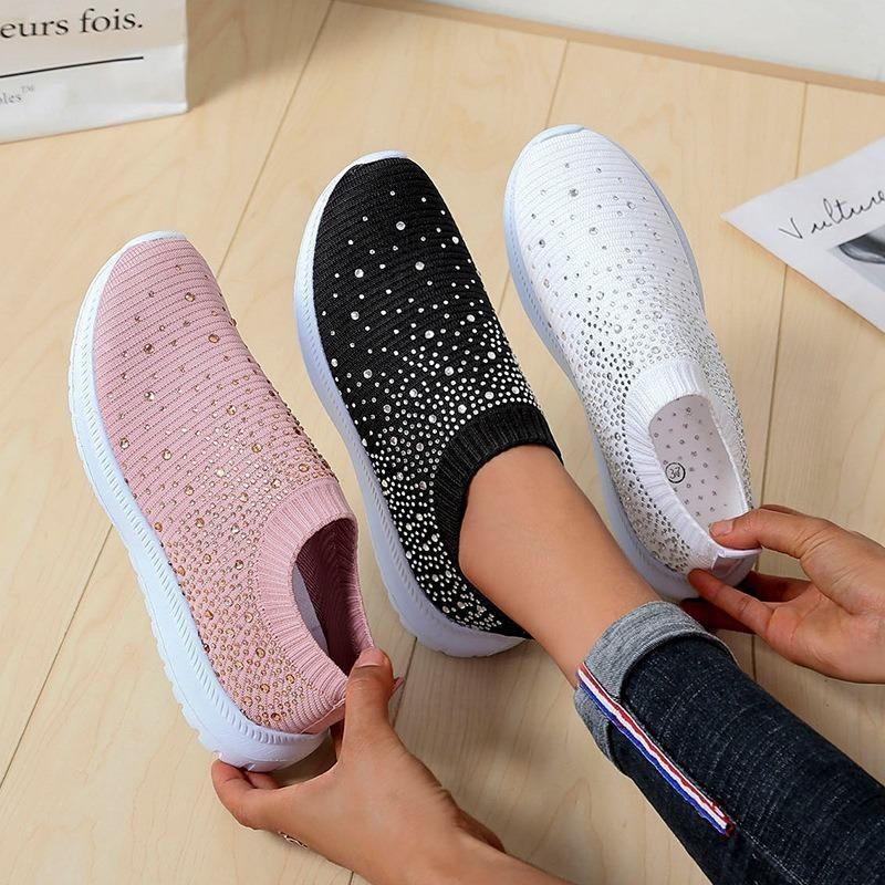 Large size spring and autumn new fashion casual rhinestone flying weaving women's sports style casual women's single shoes spot