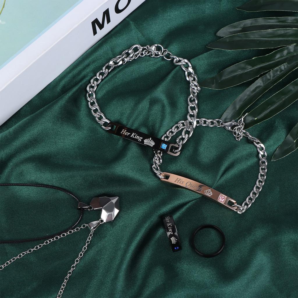 3 Pair Couples Necklace Bracelet His Queen Her King Promise Ring Set Necklace