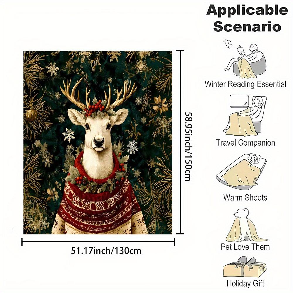 Cozy Reindeer Print Flannel Throw Blanket - Festive Holiday Design with Pine Branches & Snowflakes, Soft & Warm for Bed, Sofa,