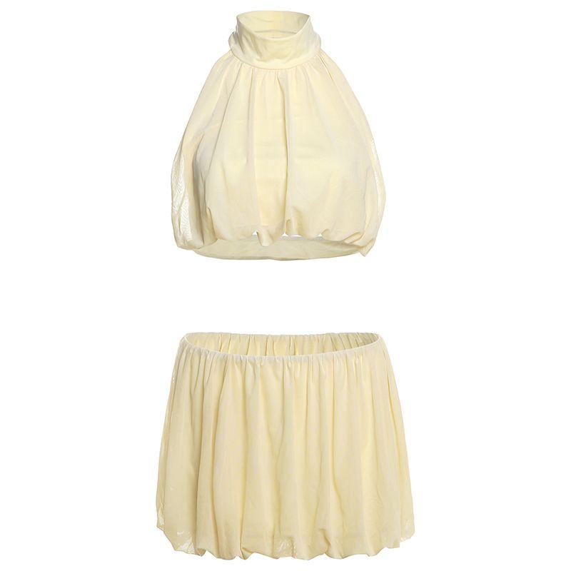 

# Sisjuly# French style Sweet Tea Girl Puffy Hanging Neck Design Beauty Back Cami Bubble Short dress Set Women Yellow L