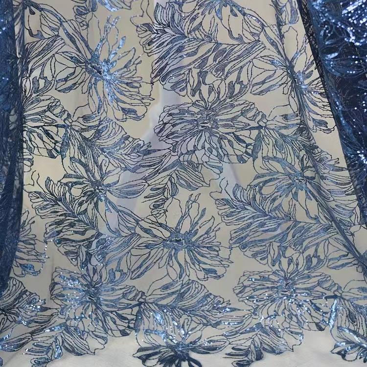 Design China Blue Sequin Embroidery Lace Fabric Peony Court Fashion Clothing Fabric High-end Wedding Dress Fabric тёмно-синий