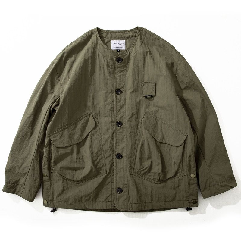 Mountain Spring & Fall Collarless Waterproof Loose Big Pocket Jacket Military Green S