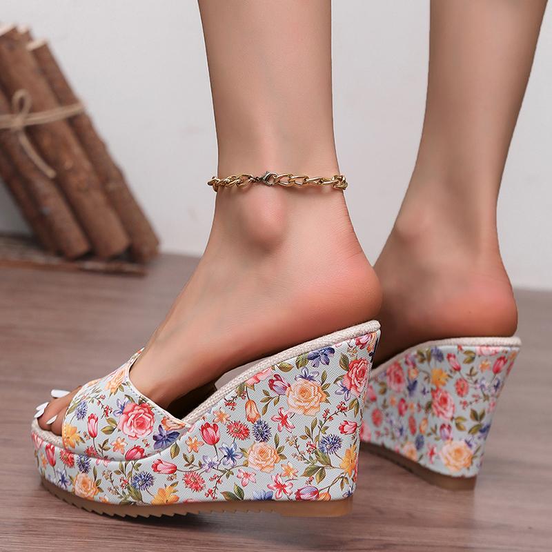 Fashion Floral Print Wedge Slippers Women Slip On Chunky Platform Sandals Woman Summer 2025 Thick Bottom Non Slip Outdoor Slides