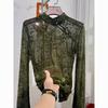Women's Olive Green Lace Blouse High Neck Sheer Long Sleeve Ruched Fashion Top
