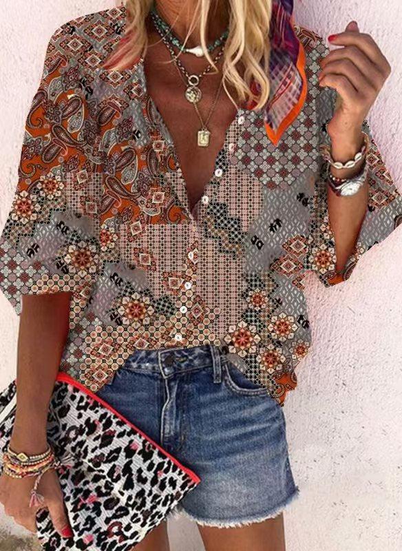 #Fashion Summer Women's Stand-Up Collar Loose Button Retro Printed Casual Shirt