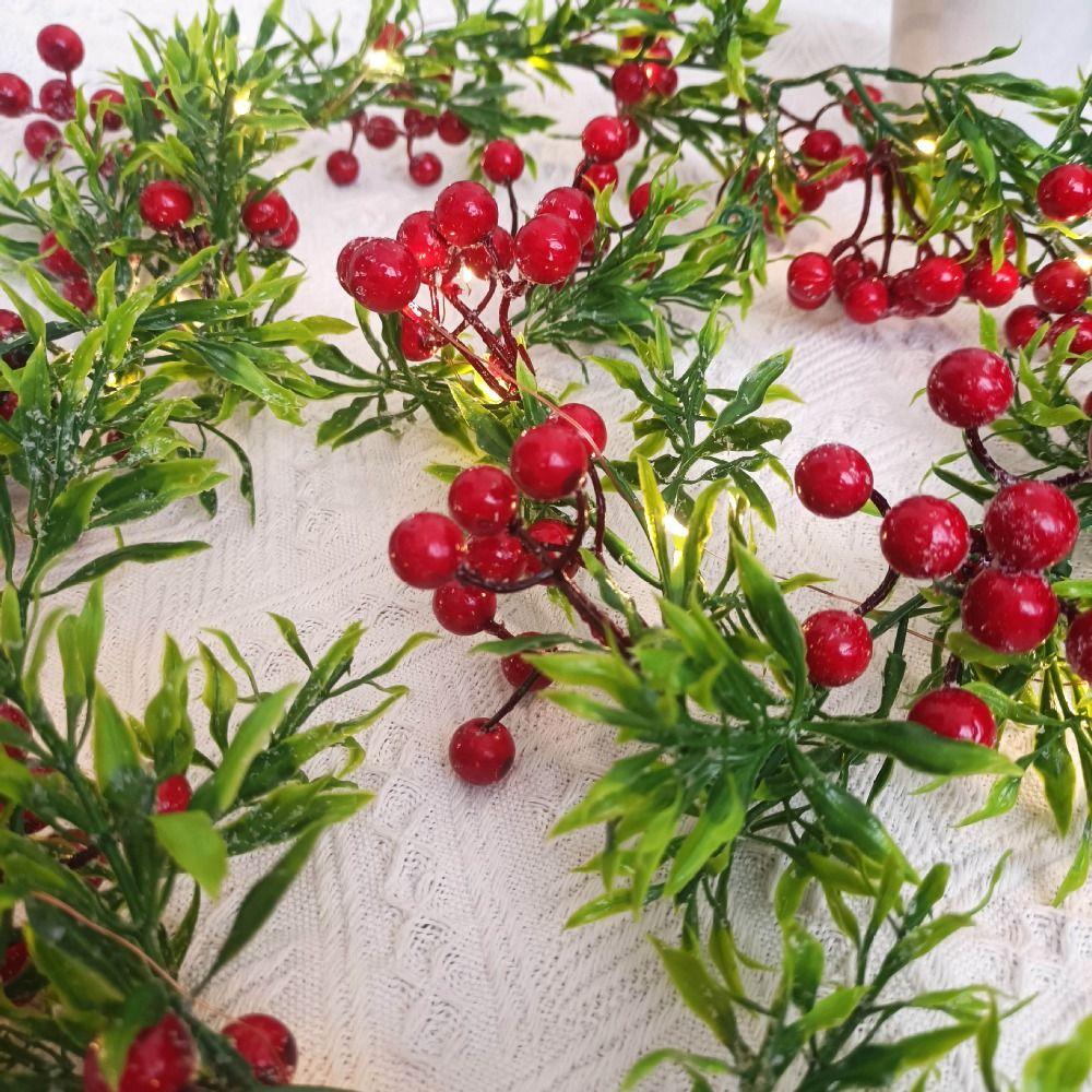Red Berry Christmas Red Berry Light String Battery Powered Snowflakes LED Green Leaf String Lights Simulation Plants Realistic