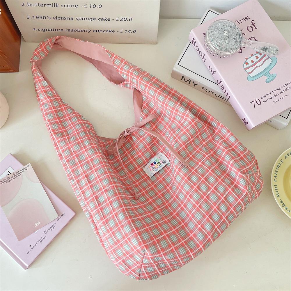 Sweet Double Sided Vest Bag Cloth Canvas Tote Bag Casual Lattice Shoulder Bag  Women