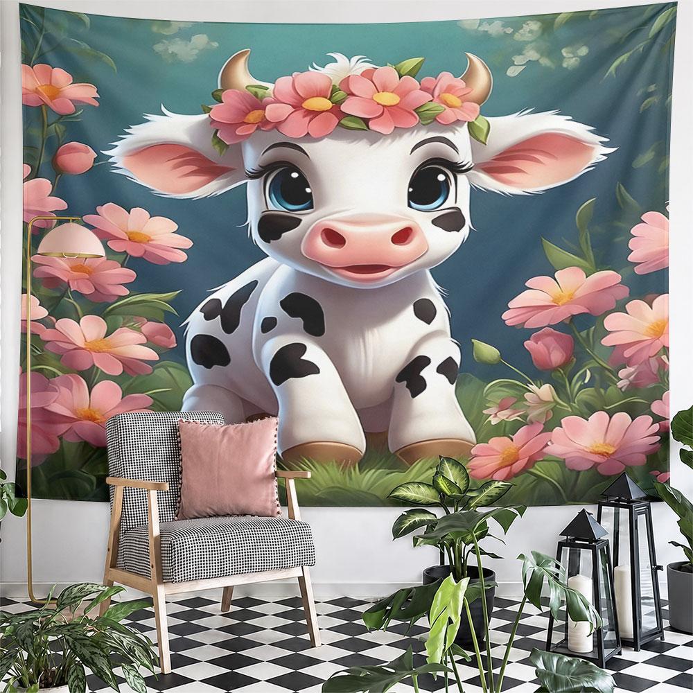 Adorable Cartoon Cow with Flower Crown Pattern Wall Hanging Tapestry Decorative Tapestry Home Decor for Bedroom and Living Room