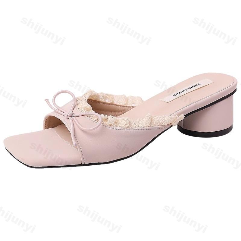 Fashion 2025 Summer New Women's High-heel Casual Sandals Elegant French Style Lace Bow Open Toes Slippers Comfortable Fashion Cool Shoes