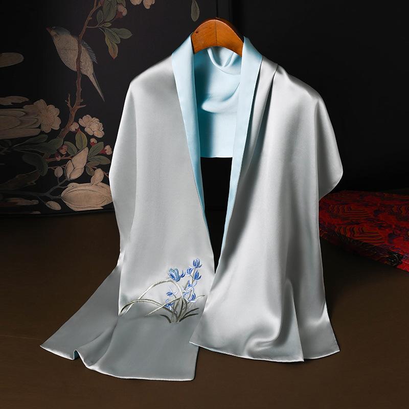High-grade mulberry silk Suzhou embroidery silk scarf, new Suzhou embroidery double-sided silk long scarf, gift box, national style embroidery 155*35cm