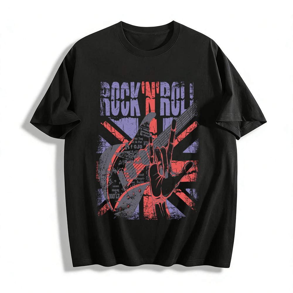 Vintage British Style Rock Gesture Guitar Print Unisex T-Shirt Pure cotton T-shirt XXS
