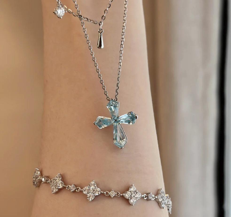 Exquisite Man-Made Aquamarine & Swiss Paraiba Diamond Cross Necklace for Women