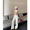 Autumn beige high waist oblique pocket casual wide-leg jeans design sense loose and thin female fish story