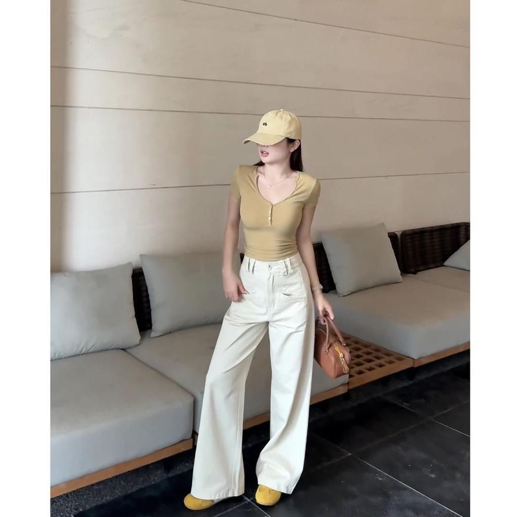 Autumn beige high waist oblique pocket casual wide-leg jeans design sense loose and thin female fish story