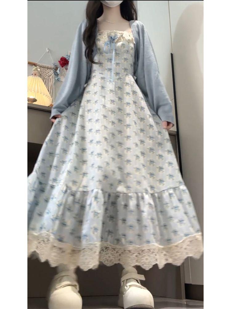 Korean Preppy Waist-Cinching Floral Dress & Blue Knit Cardigan Set for Women