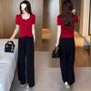 Women's Two-piece Fashionable Chinese-style Outfit for Summer - A Complete Set of Short-sleeved Wide-leg Pants in One Piece