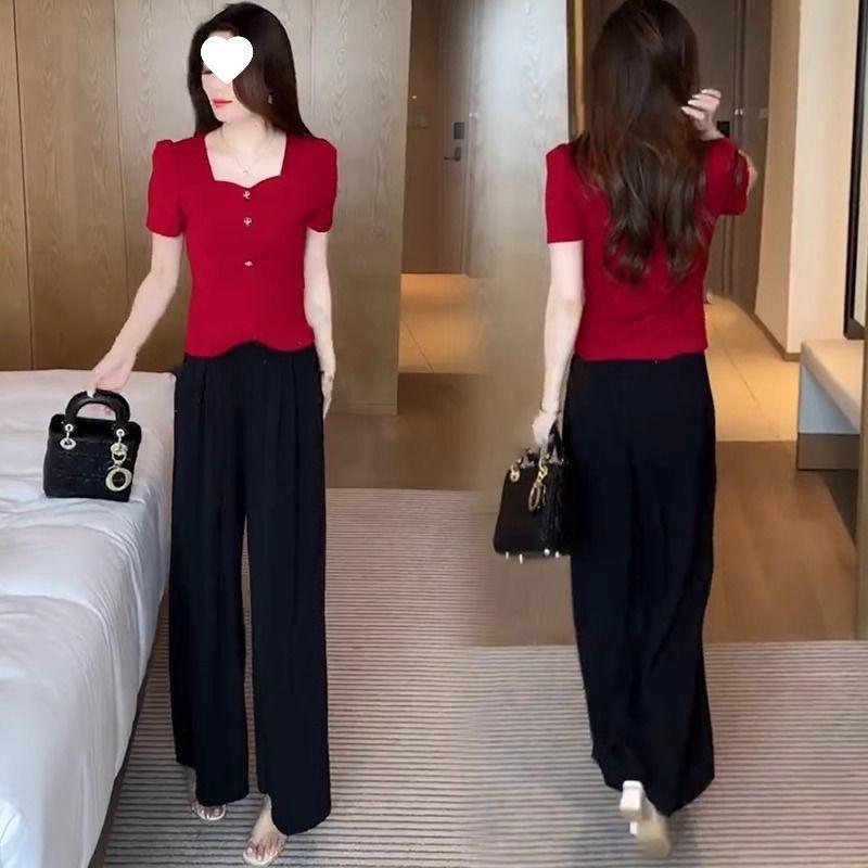 Women's Two-piece Fashionable Chinese-style Outfit for Summer - A Complete Set of Short-sleeved Wide-leg Pants in One Piece