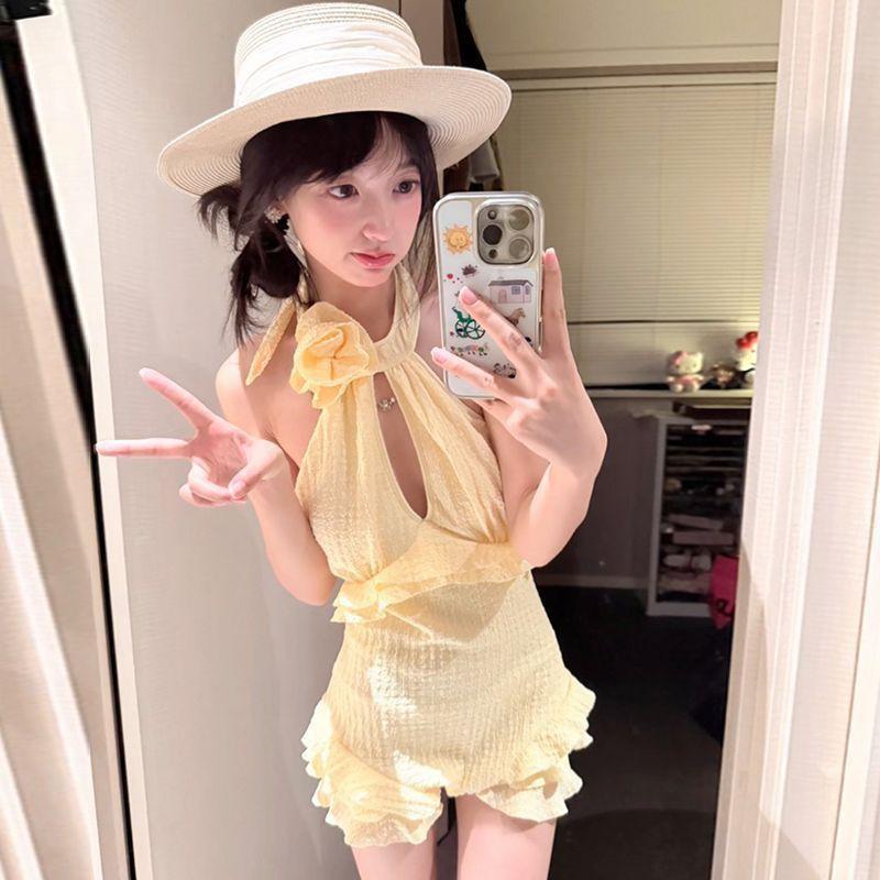 

Beautiful Lazy Style Dopamine One-piece Swimsuit Women s Small Breasts Gather Together To Show White Pure Desire Sweet Island Vacation Hot XL жёлтый