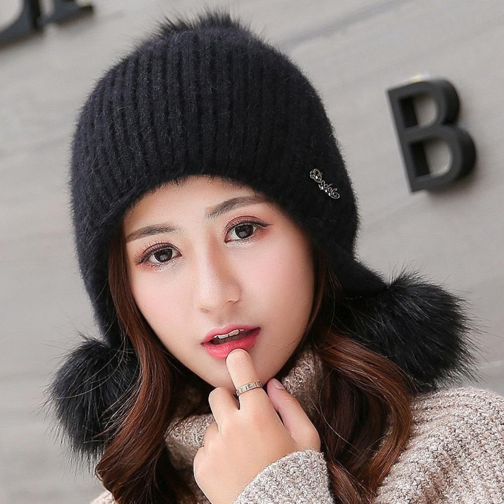 Thickened Fur Pompom Beanies Hat Breathable Pullover Hat Warm Knitted Hat  Apparel Accessories чёрный