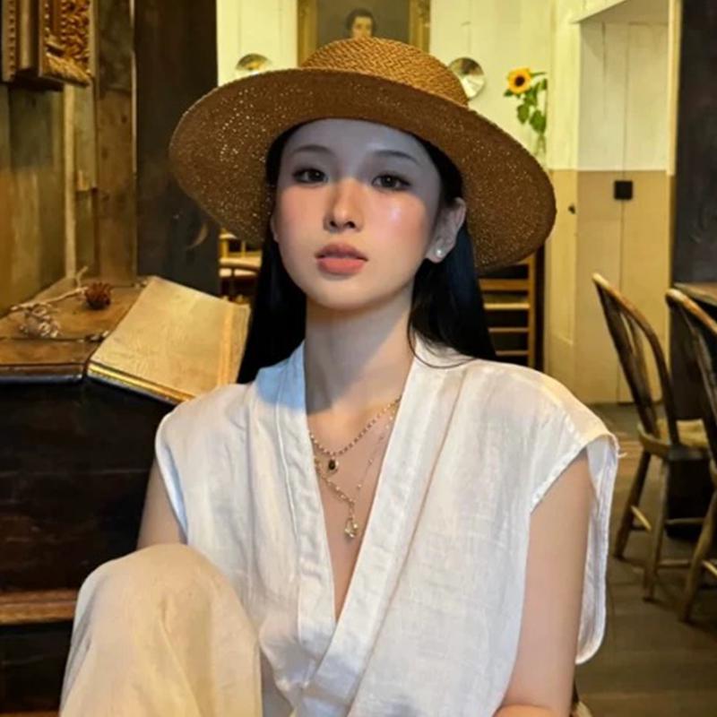 Women's Retro Flat Top Straw Braid Fedora Sun Hat - Summer Seaside Beach Sun Protection