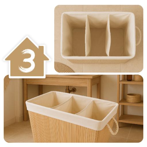 Three-compartment bamboo laundry basket, beige, 100 l