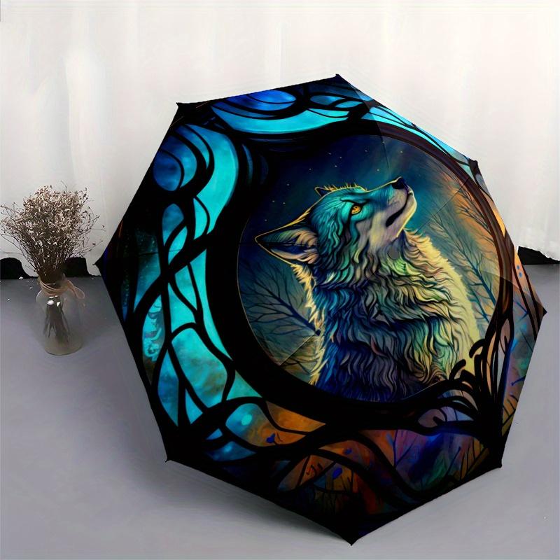 Wolf Window Art: Magical Night Wildlife Decor" Umbrella, Portable 3 Fold Compact Umbrella for Men & Women,S119