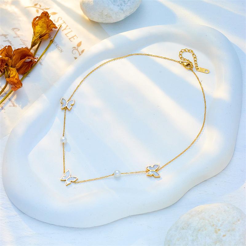 Gold Mother of Pearl Butterfly Station Necklace with Pearls