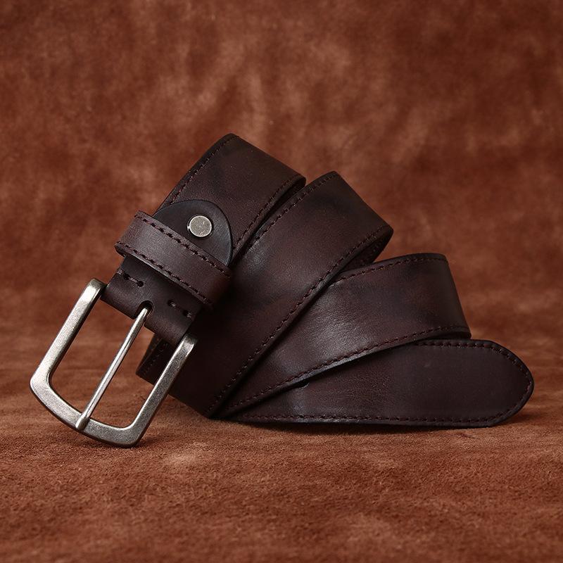 Men's Belt Retro Rub Colored Distressed Pleated Genuine Cattlehide Leather Surface Denim Casual Working Pants Belt