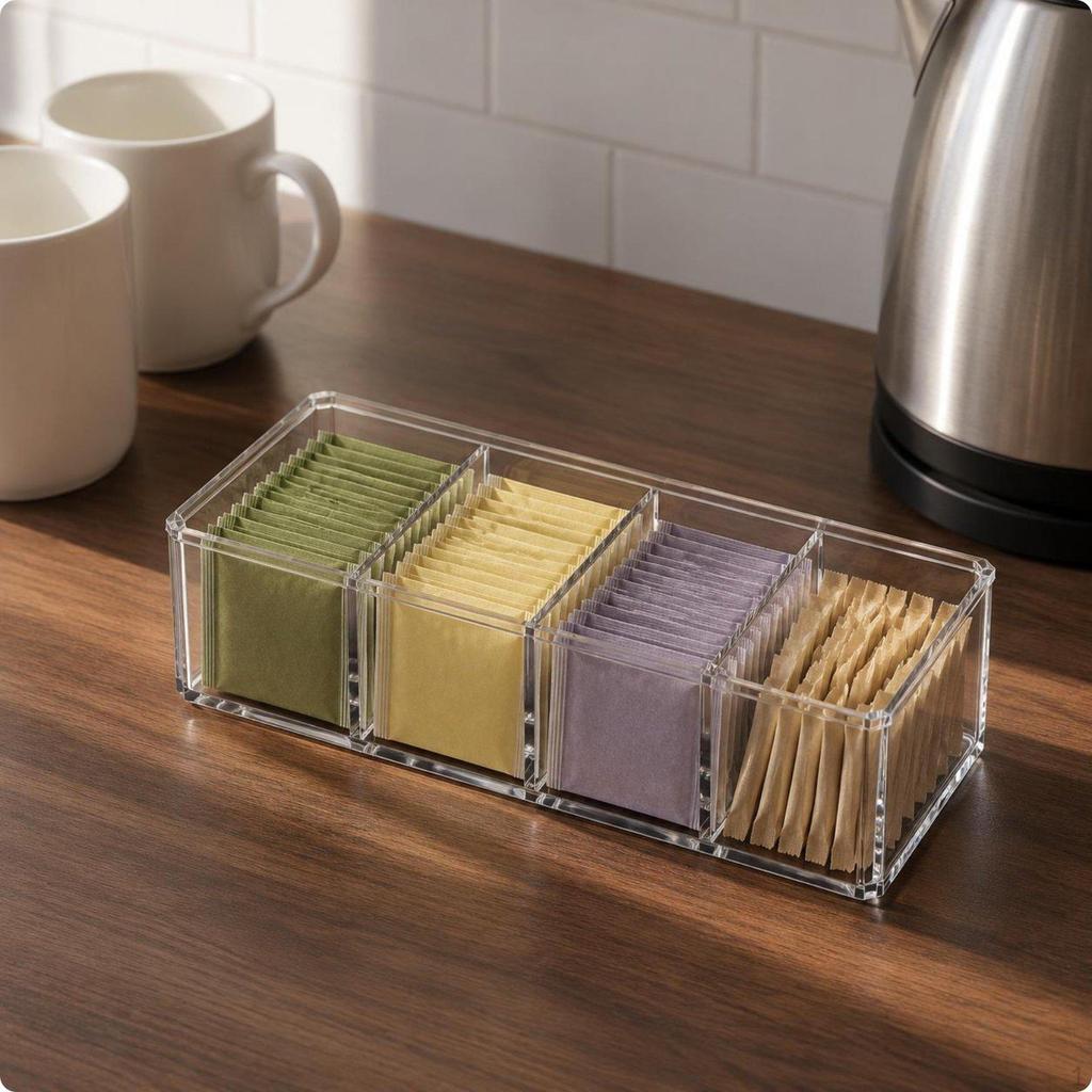 Tea Packet Organizer Transparent Storage Box Dustproof Lidded Compartment for Desktop,