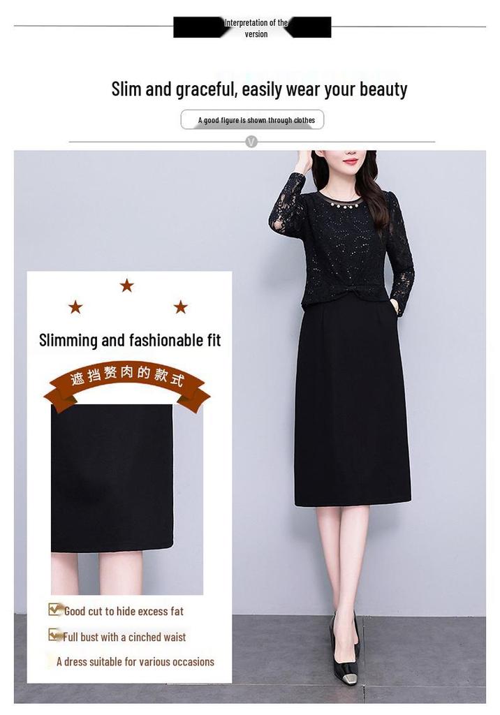 Plus Size Black Sequin Lace Two-Piece Long Sleeve Dress for Women – Slimming Spring/Autumn Style