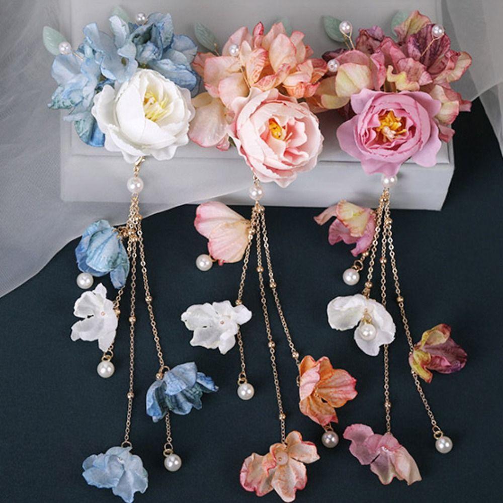 U-shaped Floral Hairpin Forks Artificial Flower Tassel Headwear New Hanfu Hair Accessories Women