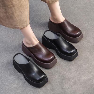 Chaussons compensés à semelles épaisses Chaussures à plateforme rétro en cuir véritable de couleur unie pour femmes