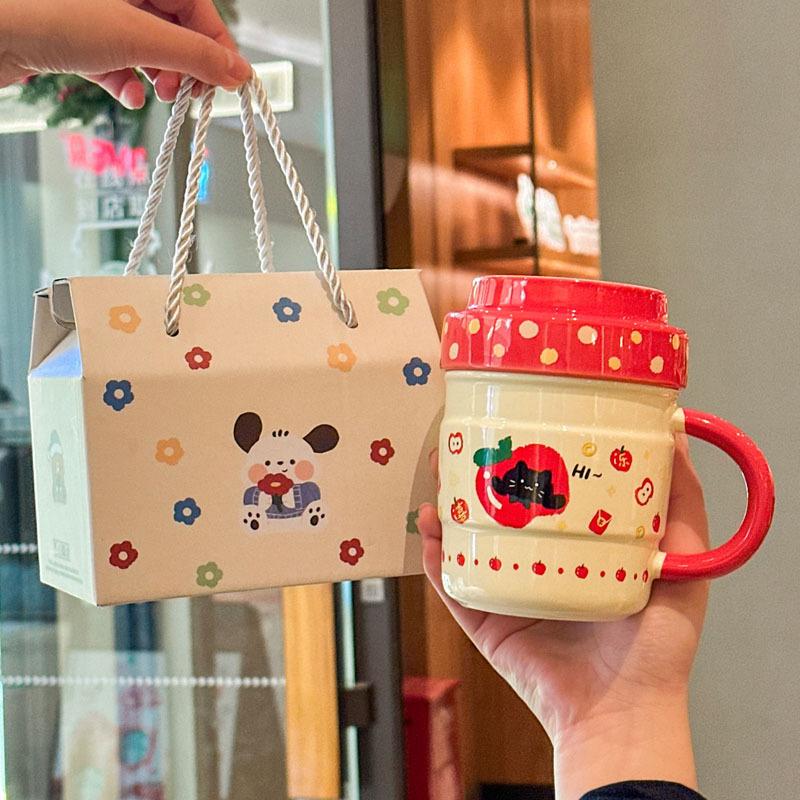 High-value apple mug couple pair cup household drinking cup cute ceramic cup with lid female birthday gift
