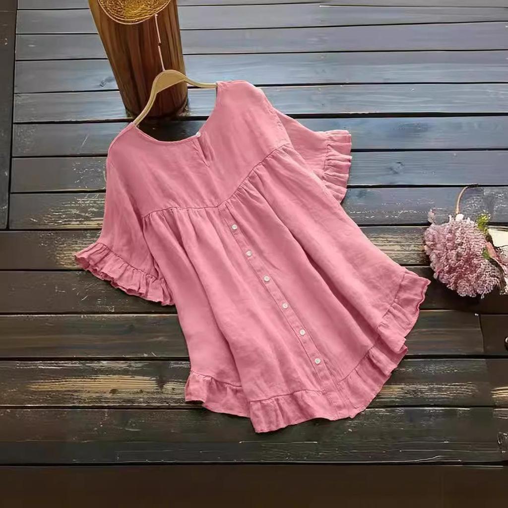 2026 Women's Cotton Linen Solid Color Ruffle Cuff Short Sleeve Button-Up Shirt