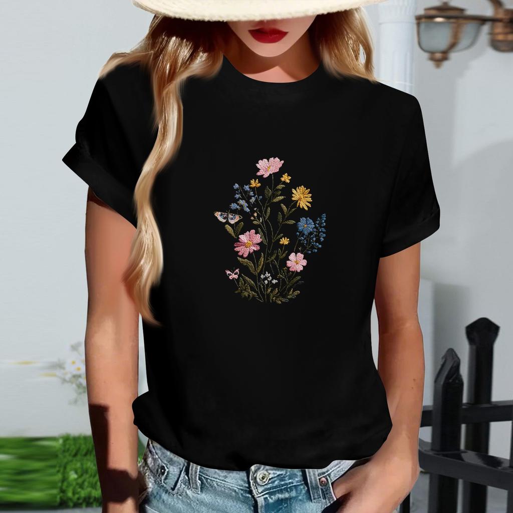 Women's Fashionable Round Neck Casual Retro Print Short Sleeved T-shirt Top