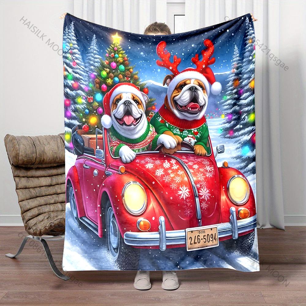 Two Bulldogs On A Christmas Car Print Blanket Warm Soft Luxury Gifts for Children Adults Suitable for Home Sofa Bed Travel RV