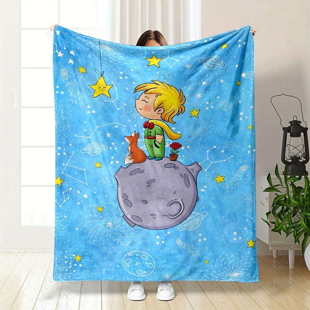 A child and fox on a tiny planet in a whimsical starry sky scene. for all seasons blanket lunch break throw gift