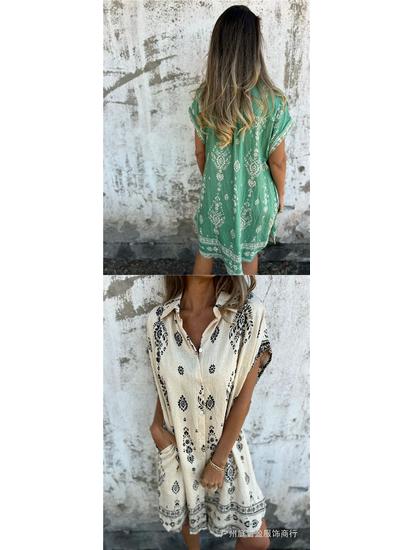 European & American Summer Casual Short-Sleeved Cotton Linen Shirt Dress with Pocket Print for Women