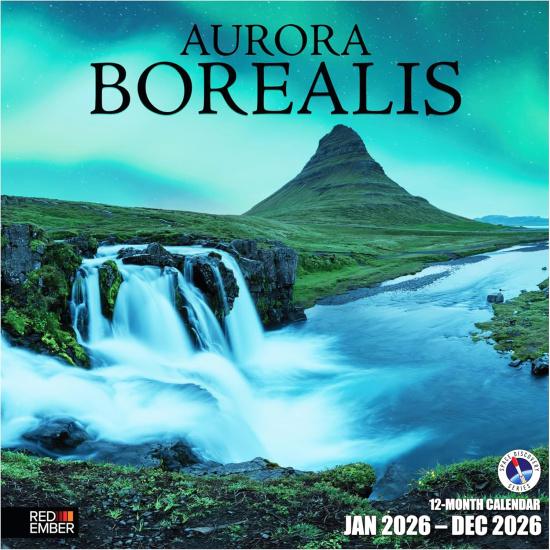 RED EMBER Aurora Borealis 2026 Mini Wall Calendar 12 Month | 7" x 14" Open | Thick & Sturdy Paper | Holiday Gift | Northern Lights Space Calendar