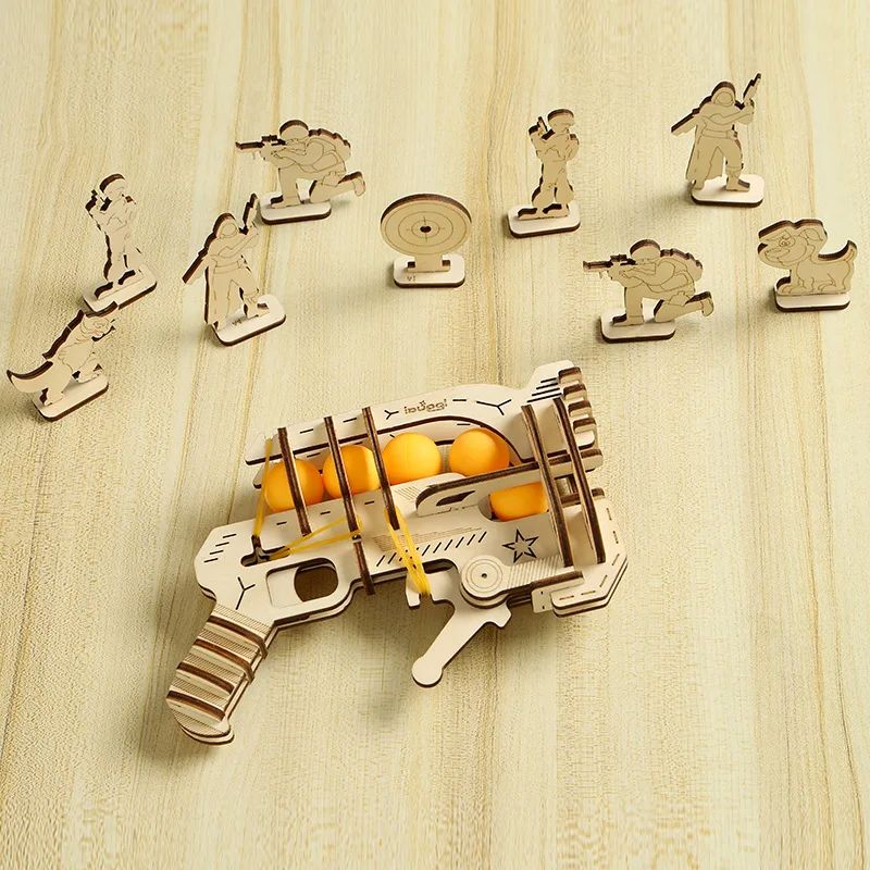 Diy Wooden Assembled Gun Model Boy'S Birthday Creative Gift Toy Launching Equipment Rubber Band Gun Table Tennis Launcher