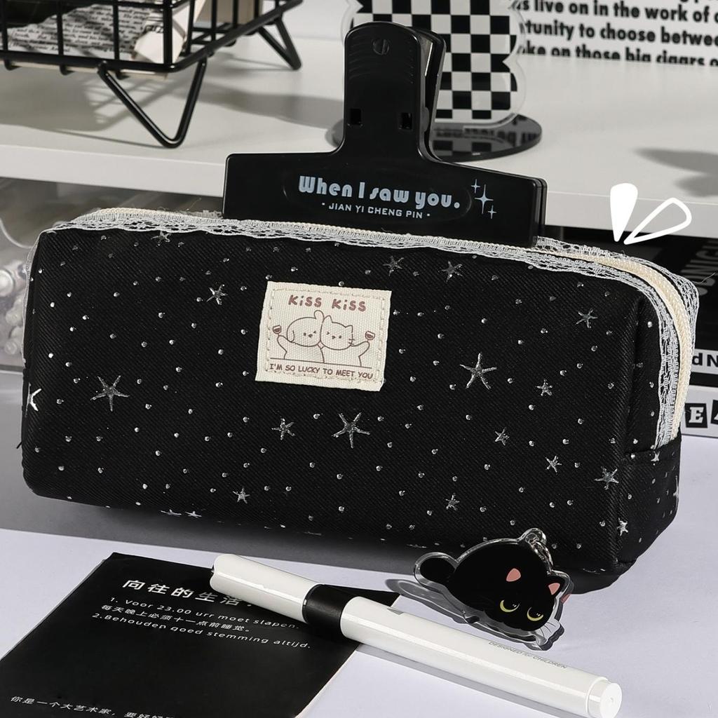 1pcs Lace Deco Lucky Star Cute Cat Pencil Case Simple Design Stationery Bag Pen Storage Pouch for Office & School Supplies