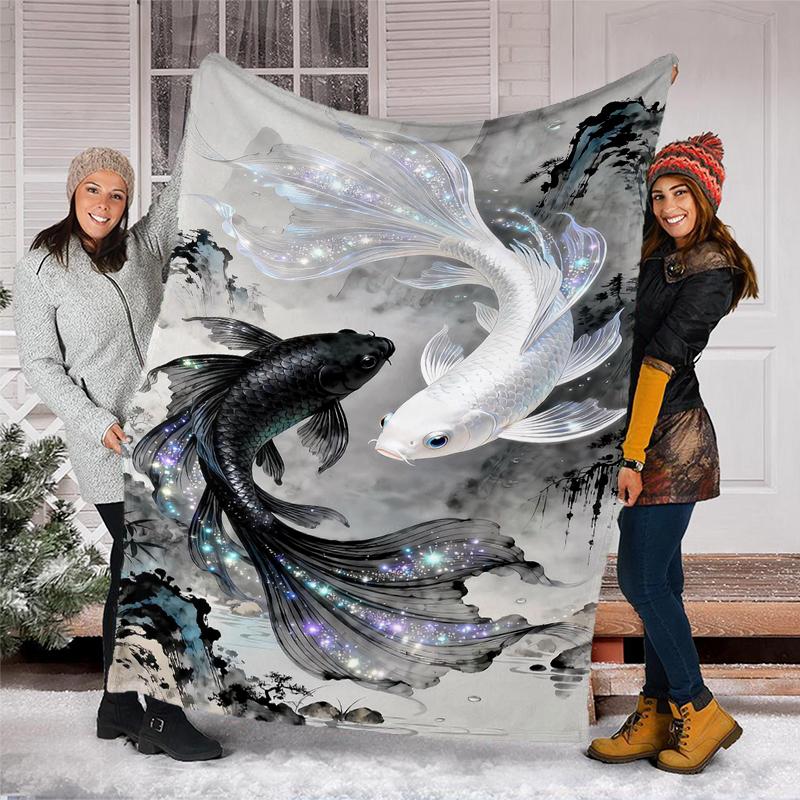 Yin Yang Fish Blanket Personalized Name Flannel Blanket Soft Cozy Plush Throw for Sofa Bed Lightweight Home Décor