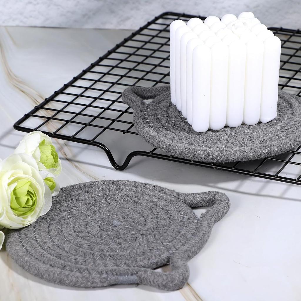 2 PCS Cute Coasters, Absorbent Fabric Mug Pads Cat Ear Shape Large Size Coasters for Drinks Handmade Braided Cotton Coaster for Wooden Table Tabletop