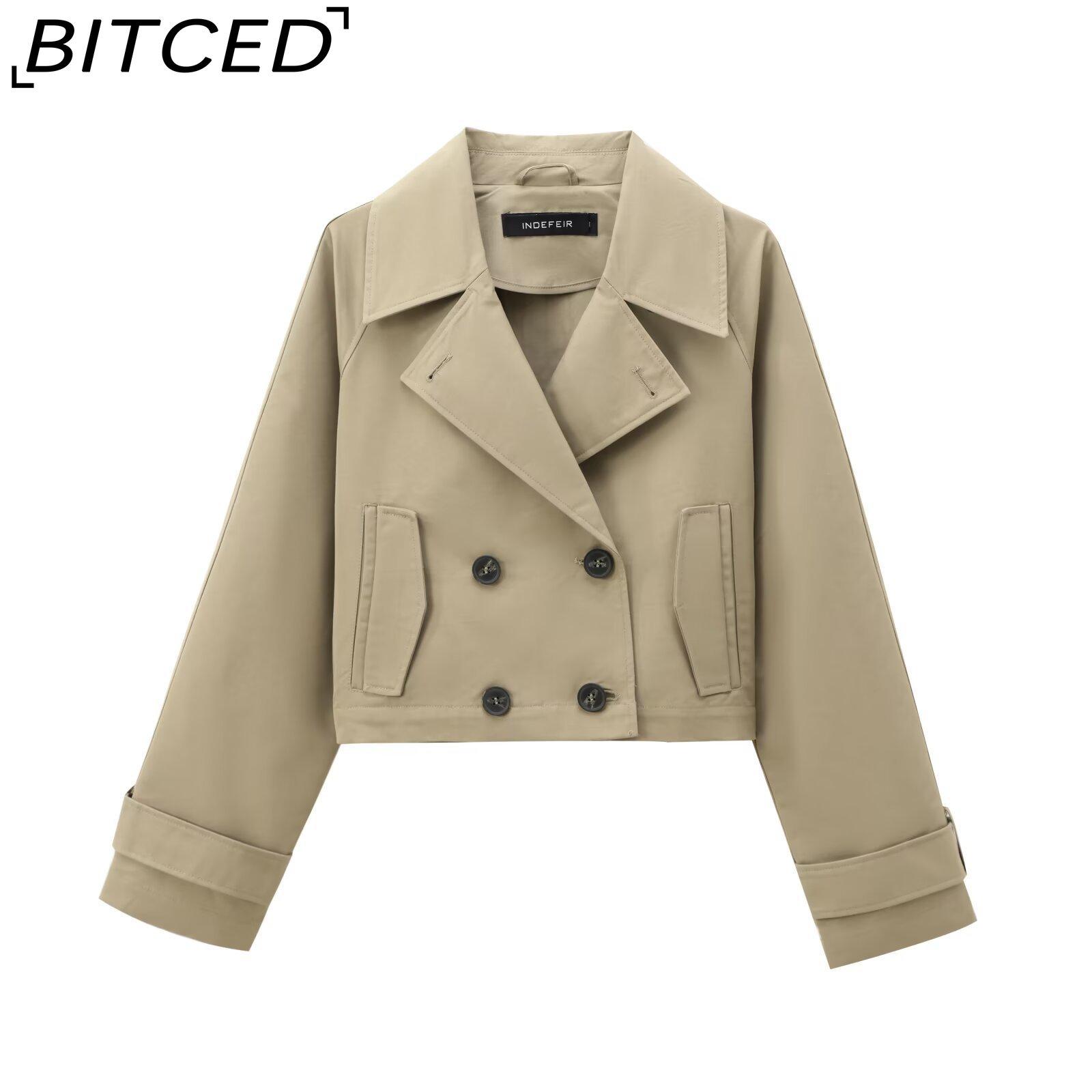 

BITCED Women s Autumn/Winter Fashion French Double-Breasted Trench-Style Jacket Short-Length Outerwear Top L светло-коричневого